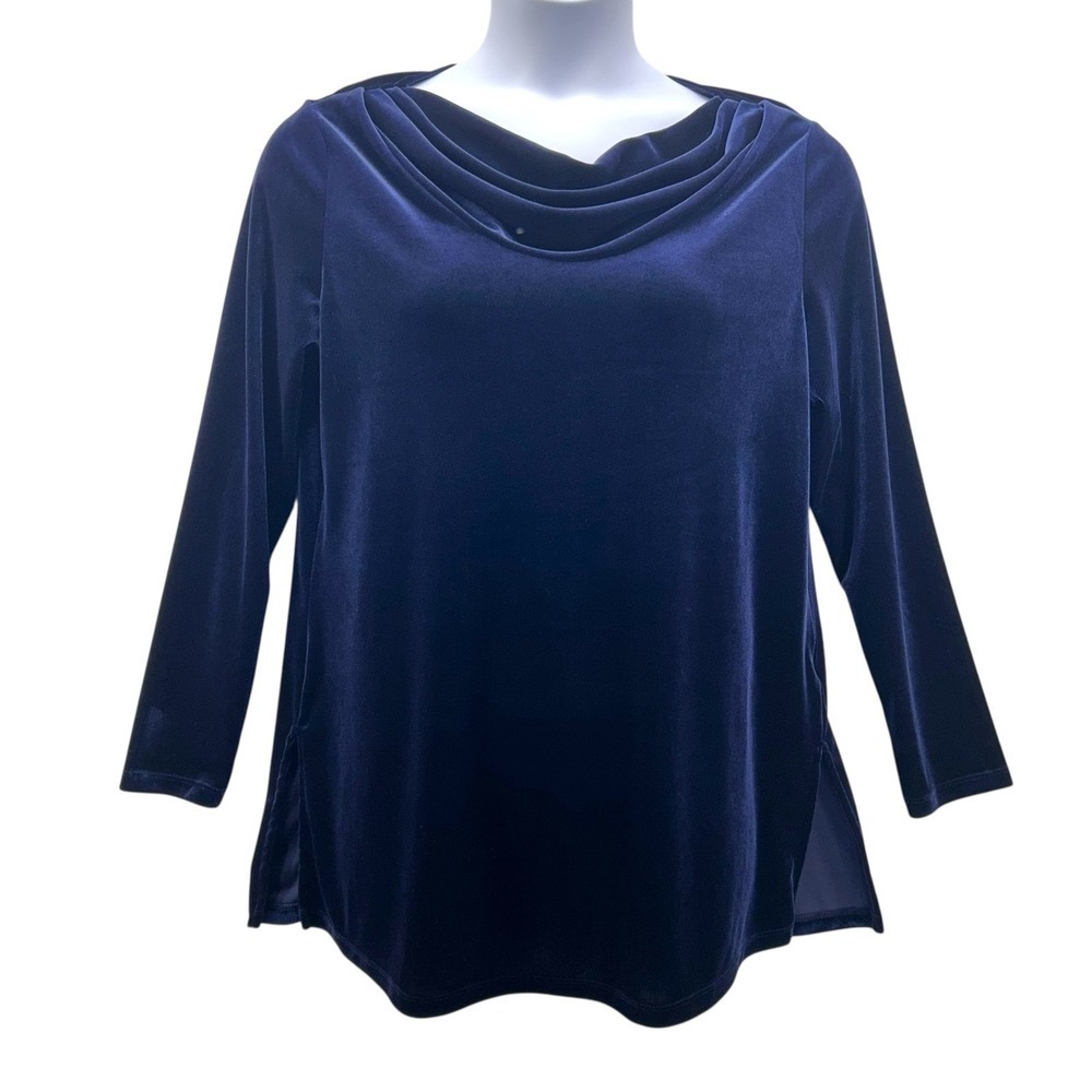 Susan Graver Womens Tunic Top Medium Velvet‎ Cowl Neck Navy